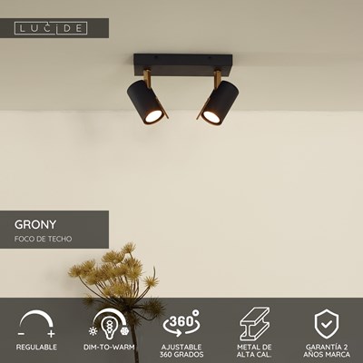 Lucide GRONY - Foco de techo - LED Dim to warm - GU10 - 2x5W 2200K/3000K - Negro
